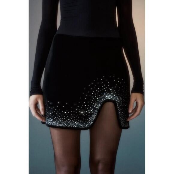 ZARA Velvet Black Jewel Rhinestone Mini Skirt Size XS - Picture 2 of 11
